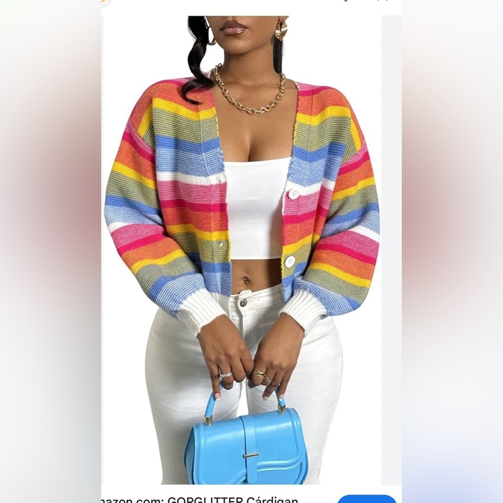 GORGLITTER Women's Colorful Cropped Cardigan Striped Long Sleeve Open Sweater